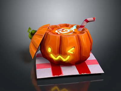 Pumpkin Shaped Halloween Drink With Smiley Face And Red White Striped Straw On Checkered Napkin 3d model