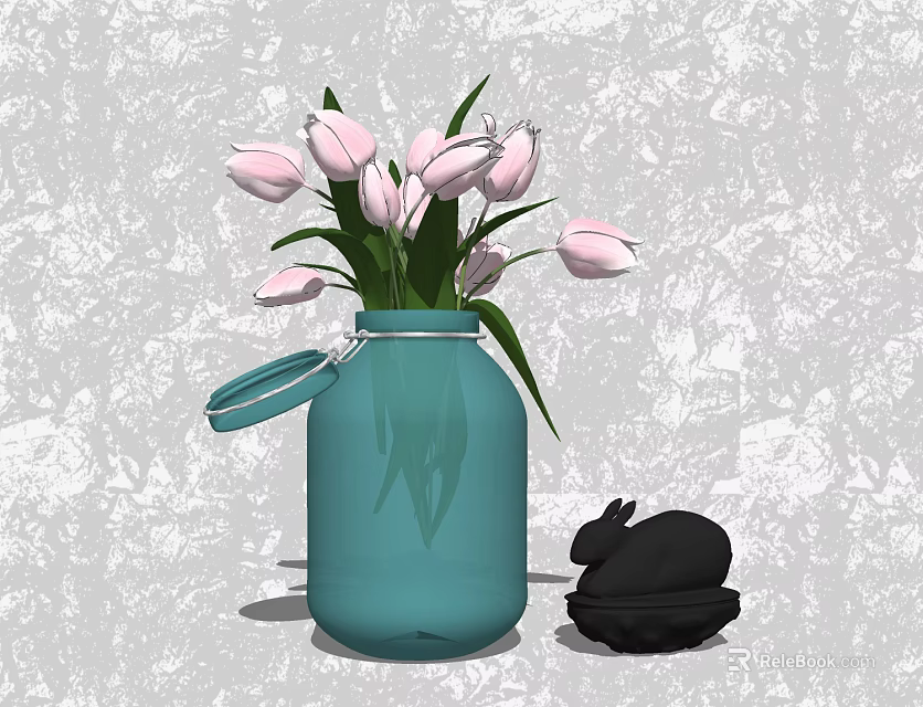 Blue Glass Vase With Pink Tulips And Black Rabbit Figurine For Home Decor 3d model 