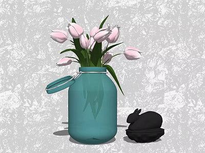 Blue Glass Vase With Pink Tulips And Black Rabbit Figurine For Home Decor 3d model