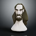 Man With Long Hair And Beard Bust Sculpture On White Base Dark Background