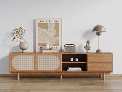 Natural Wood TV Stand With Rattan Doors Open Shelves Decorative Painting And Table Lamp 3d model