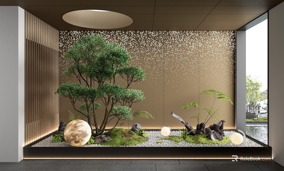 Modern Indoor Landscape With Green Tree Sparkling Wall Moss Ferns And Spherical Decorative Lights 3d model 