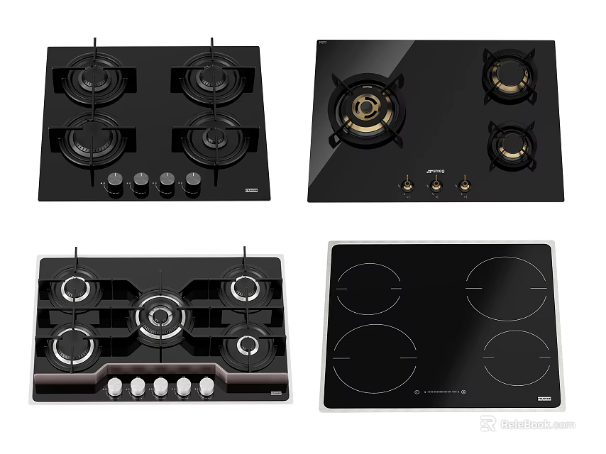 Black Gas and Electric Cooktops with Multiple Burners for Modern Kitchens 3d model 