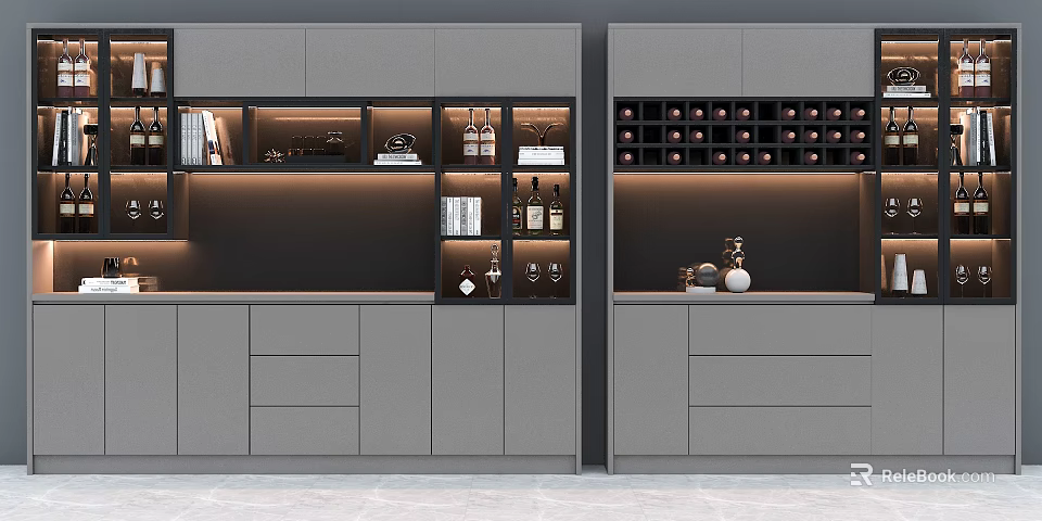 Modern Wine Cabinet Design With Glass Doors Display Shelves And Storage Drawers 3d model 