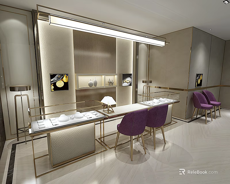 Luxury Jewelry Store Interior With Gold Display Cases Purple Chairs Marble Countertops And Lighting 3d model 