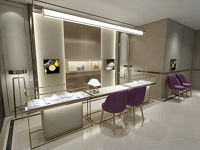 Luxury Jewelry Store Interior With Gold Display Cases Purple Chairs Marble Countertops And Lighting 3d model