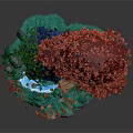 Miniature Garden Scene With Red Leaf Tree Wooden Cabin Small Pond And Green Plants