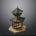 Traditional Chinese Double tiered Pavilion With Tiled Roof And Wooden Structure On Hexagonal Base
