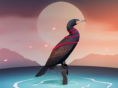 Black Cormorant Standing On Wooden Stump In Water Under Full Moon And Pink Sky 3d model