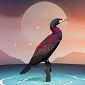 Black Cormorant Standing On Wooden Stump In Water Under Full Moon And Pink Sky