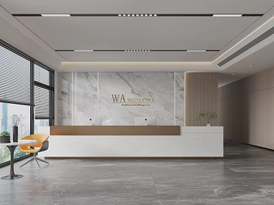 Modern Reception Desk with Marble Wall WA Interior Logo Orange Chair Green Plants and Window 3d model