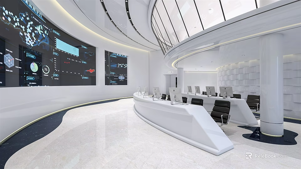 Modern Control Room Interior With Multiple Monitoring Screens White Console And Office Chairs 3d model 