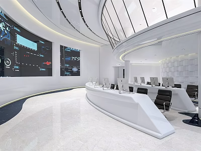 Modern Control Room Interior With Multiple Monitoring Screens White Console And Office Chairs 3d model