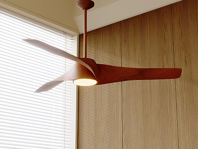 Wooden Chandelier with Leaf Like Design Ceiling Mounted Near Wooden Wall and Window Blinds 3d model