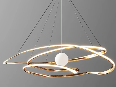 Modern Golden Chandelier With Intertwined Circular Rings And Central White Sphere 3d model