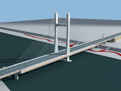 Modern Cable Stayed Bridge With Twin Towers Over Water And Roadway 3d model