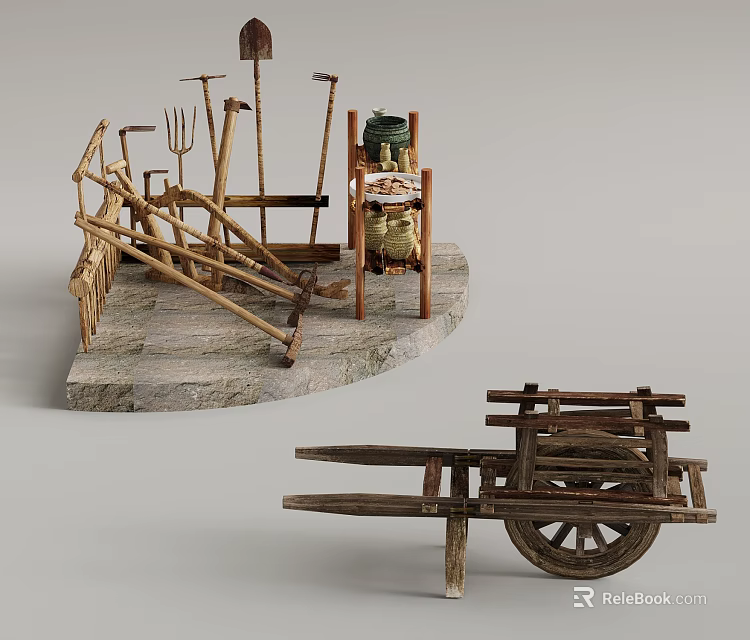 Traditional Wooden Farming Tools On Stone Platform With Plow Fork Wheelbarrow And Woven Bags 3d model 