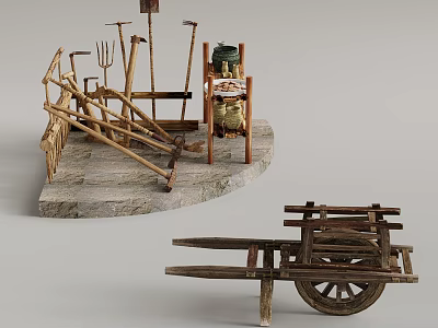 Traditional Wooden Farming Tools On Stone Platform With Plow Fork Wheelbarrow And Woven Bags 3d model