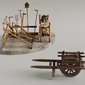 Traditional Wooden Farming Tools On Stone Platform With Plow Fork Wheelbarrow And Woven Bags
