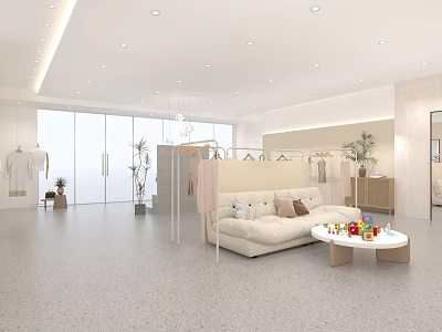 Modern Clothing Store Open Space With White Sofa Round Coffee Table And Hanging Clothes 3d model