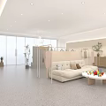 Modern Clothing Store Open Space With White Sofa Round Coffee Table And Hanging Clothes