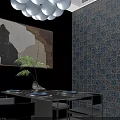 Modern Living Dining Room Interior Wooden TV Wall With LED Lighting Blue Chair And Decor