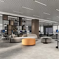 Modern Public Office Area Design With Comfortable Sofas Orange Seats And Green Plants