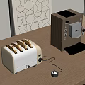 Modern Kitchen Appliances Toaster with Toast and Coffee Machine on Wooden Countertop with Small Plug