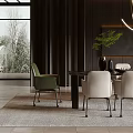 Modern Dining Room Interior With Dark Walls Large Windows Dining Table Chairs And Chandeliers