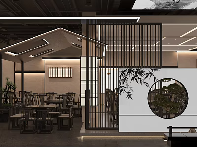 Traditional Chinese Restaurant Interior With Wooden Screen Bamboo Decor And Round Landscape Painting 3d model