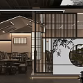 Traditional Chinese Restaurant Interior With Wooden Screen Bamboo Decor And Round Landscape Painting