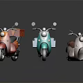 Three Colorful Delivery Scooters With Red Blue Gray Boxes On Black Reflective Surface