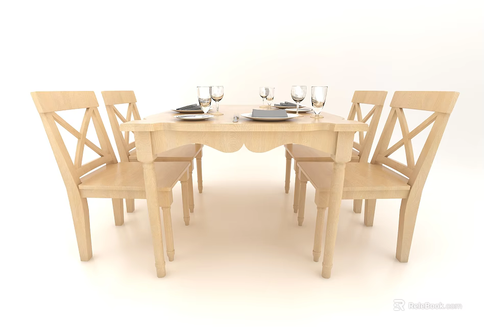 Light Wood Dining Table Set With X Back Chairs And Wine Glasses 3d model