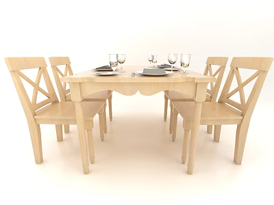 Light Wood Dining Table Set With X Back Chairs And Wine Glasses 3d model