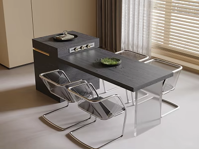 Modern Dark Wooden Dining Table And Transparent Acrylic Chairs With Green Plate In Bright Interior 3d model