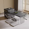 Modern Dark Wooden Dining Table And Transparent Acrylic Chairs With Green Plate In Bright Interior