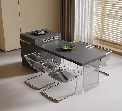 Modern Dark Wooden Dining Table And Transparent Acrylic Chairs With Green Plate In Bright Interior 3d model