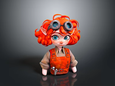 Cute Cartoon Elf Character With Orange Curly Hair Blue Eyes Goggles And Orange Overalls With Tools 3d model