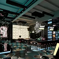 Modern Bar Interior Design With Central Counter Chandelier Wine Racks And Tables Chairs