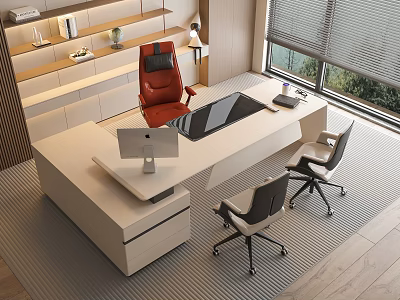 Modern Office Desk Setup With Red Chair Gray Chairs Mac Computer Shelves And Large Window 3d model