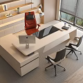 Modern Office Desk Setup With Red Chair Gray Chairs Mac Computer Shelves And Large Window