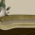 Modern Curved Three-Seater Sofa in Light Yellow with Green Plants and Wooden Floor