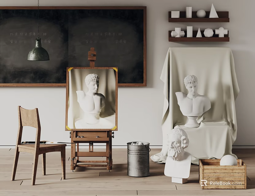 Art Studio Decoration With Plaster Busts Easel Chair And Chalkboard 3d model 