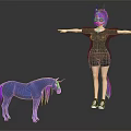 Character With Purple Horn In Black T Shirt And Blue Unicorn With Purple Mane Tail
