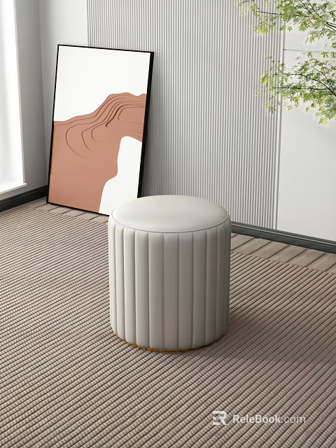 Round White Leather Round Stool with Pleated Design and Gold Base in Modern Room with Artwork 3d model 