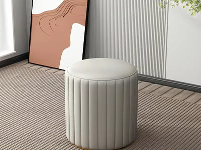 Round White Leather Round Stool with Pleated Design and Gold Base in Modern Room with Artwork 3d model