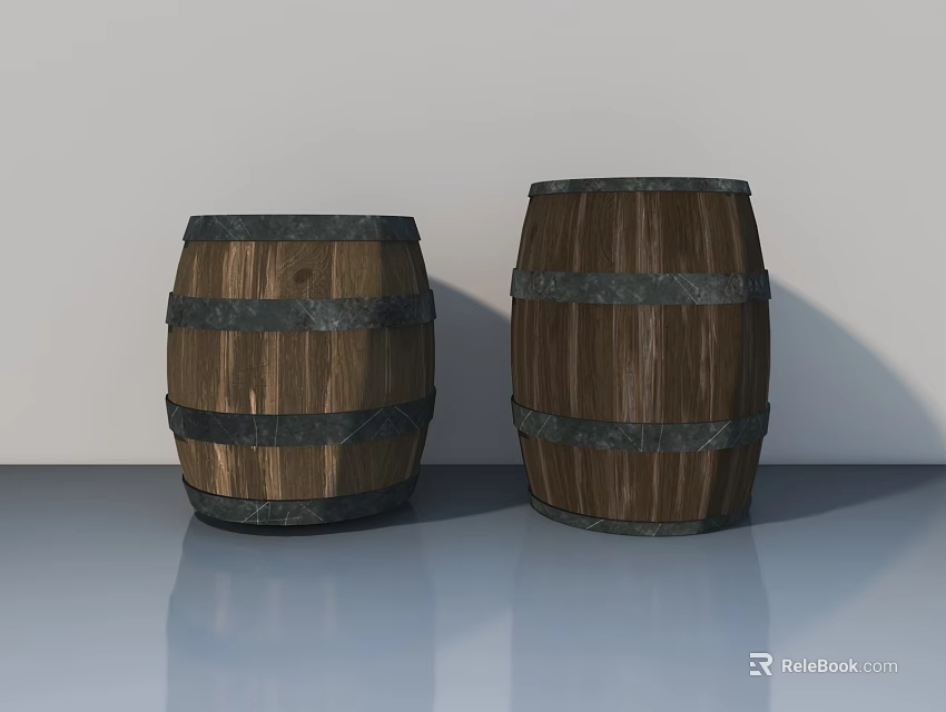 Artistic Landscape Sculpture Featuring Two Wooden Barrels With Metal Hoops In 3d model 