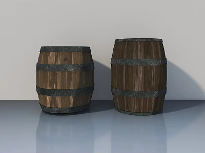 Artistic Landscape Sculpture Featuring Two Wooden Barrels With Metal Hoops In 3d model