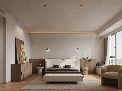 Modern Minimalist Bedroom Interior With Large Bed Armchair And Herringbone Wood Floor 3d model