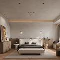 Modern Minimalist Bedroom Interior With Large Bed Armchair And Herringbone Wood Floor